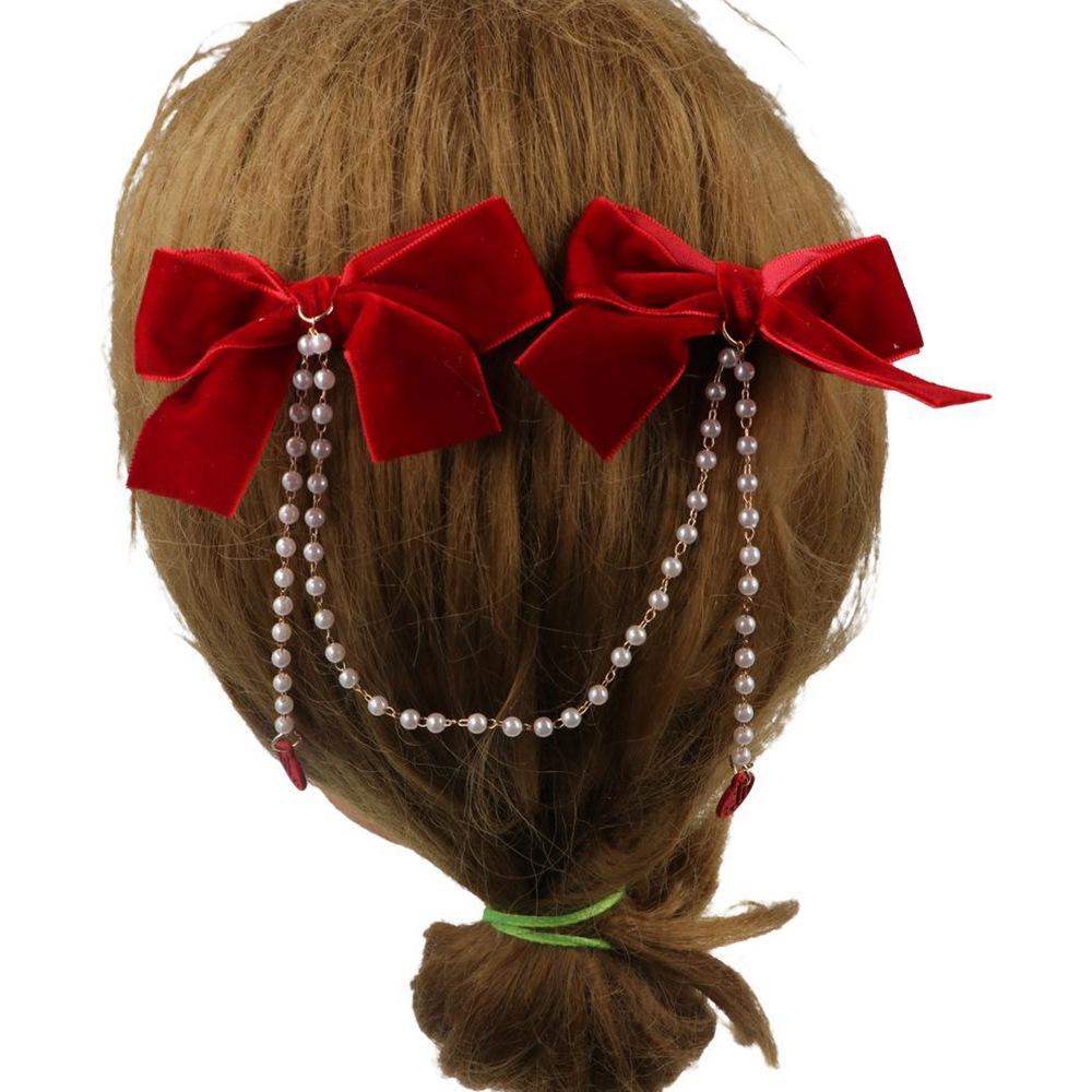 Pearl Chain Bow Tassel Hairpin Hair Side Clip Ribbon Bow Barrettes Bowknot Hair Clip New Year