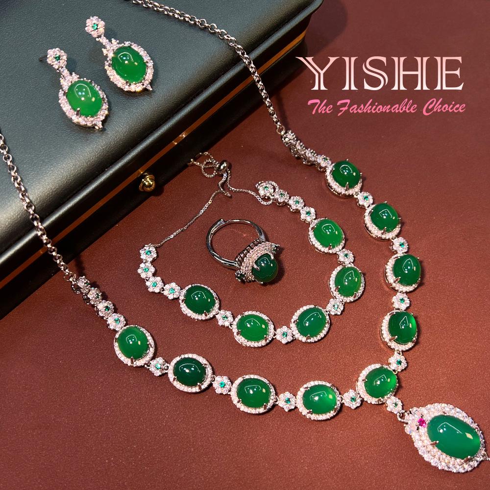 Juego de Joyería Vintage Chino de Calcedonia Zafiro: Colección de Lujo de Cuatro Piezas de Plata Chapada en Cobre