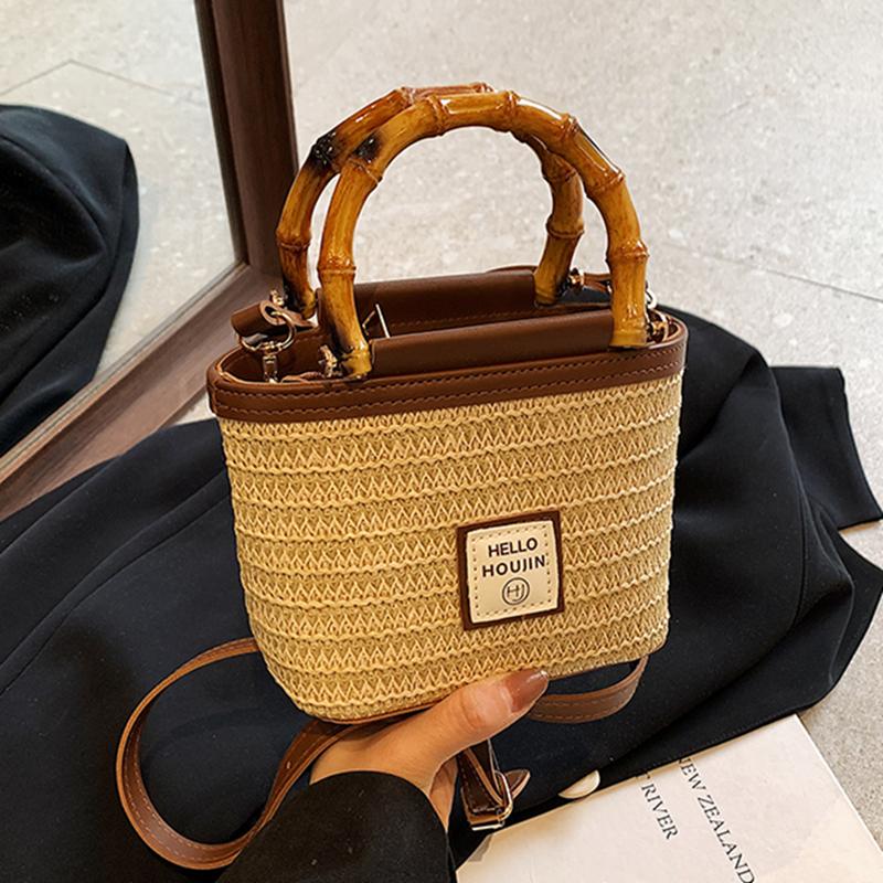 Rattan Straw Bag with Wooden Handle for Women Artisanal Bag Shoulder Bag Crossbody Bucket Beach Bag