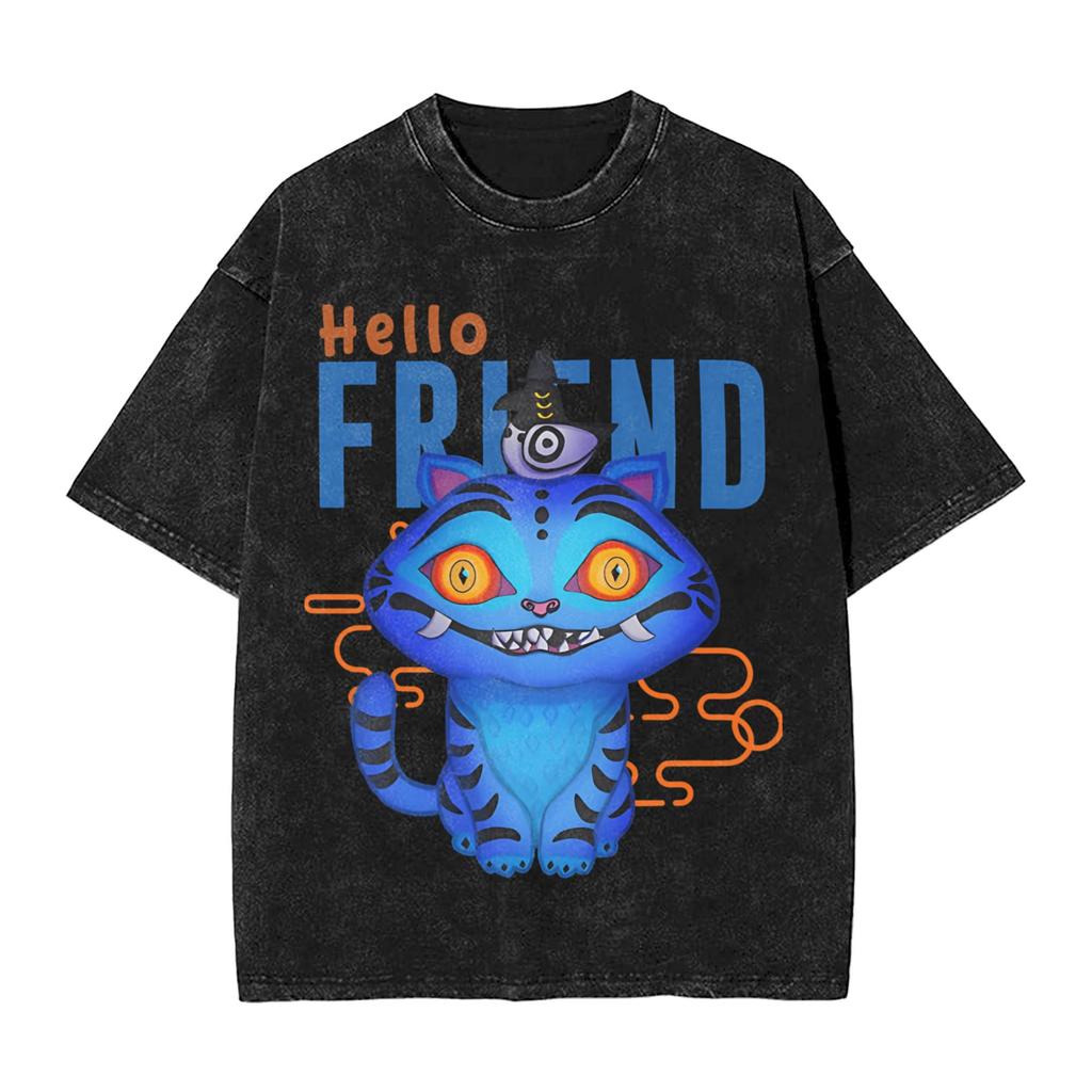 Vintage Derby Blue Tiger Kpop Demon Hunters T-Shirts Men Crew Neck Cotton Washed T Shirt  Short Sleeve Tees Clothes