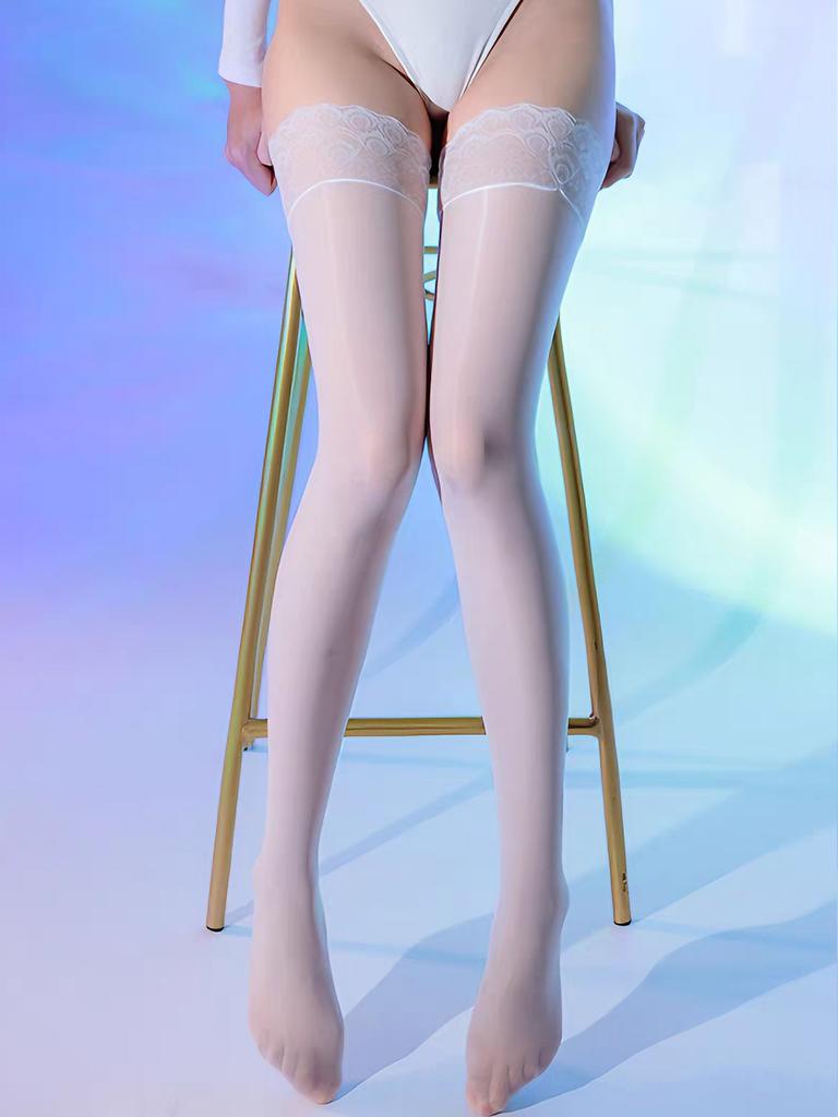 1 Pair Solid Color Peacock Lace Thigh High Socks, Women'S Anti-Slip Long Stockings, Silicone Band Non-Slipping, Reinforced Lace