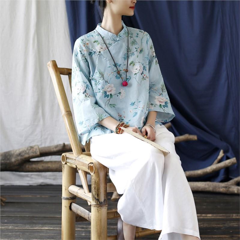 Johnature Chinese Style Linen T-Shirt Spring Summer Women Vintage Loose Long Sleeve Print T-Shirt