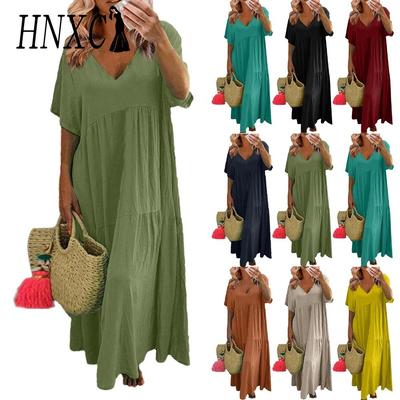 Abito Estivo da Donna Moda Tinta Unita Scollo a V Taglia Forte Ampio Lungo Oversize Casual Manica Corta