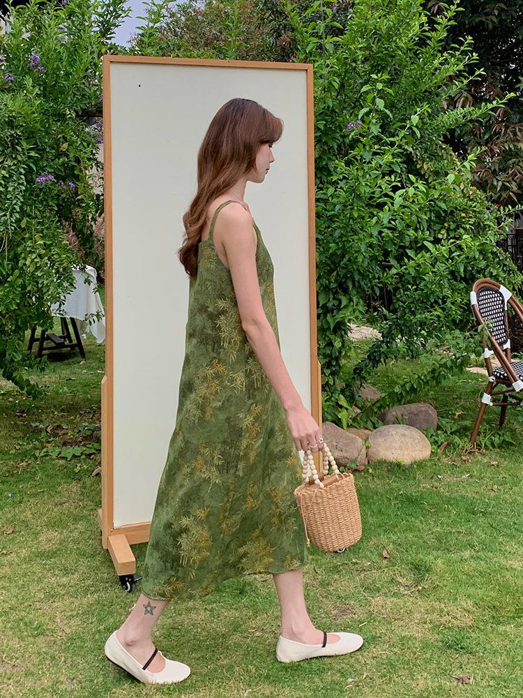 2025 Summer V-Neck Bamboo Swing Camisole Dress - Women's Slimming Spaghetti Strap Faux Silk Satin Long Dress