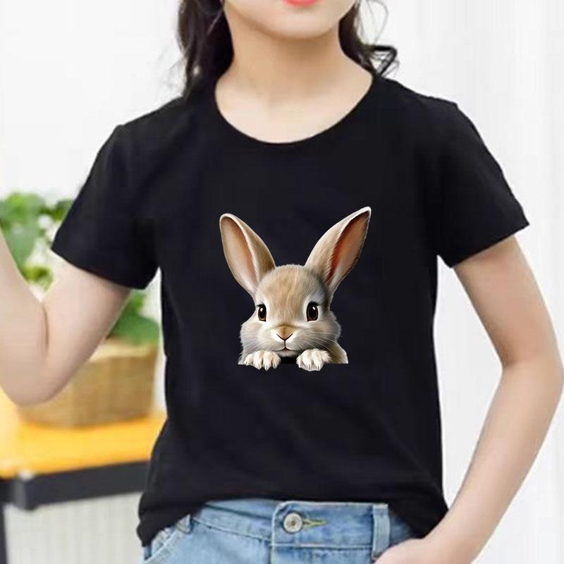 Kids Cotton T Shirt Cute Peeking Rabbit Print Crew Neck Short Sleeve Tee Casual Breathable Boys Girls Summer Tops