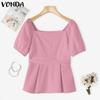 VONDA Women Square Collar Puff Sleeve Ruffled Casual Rumple Blouse