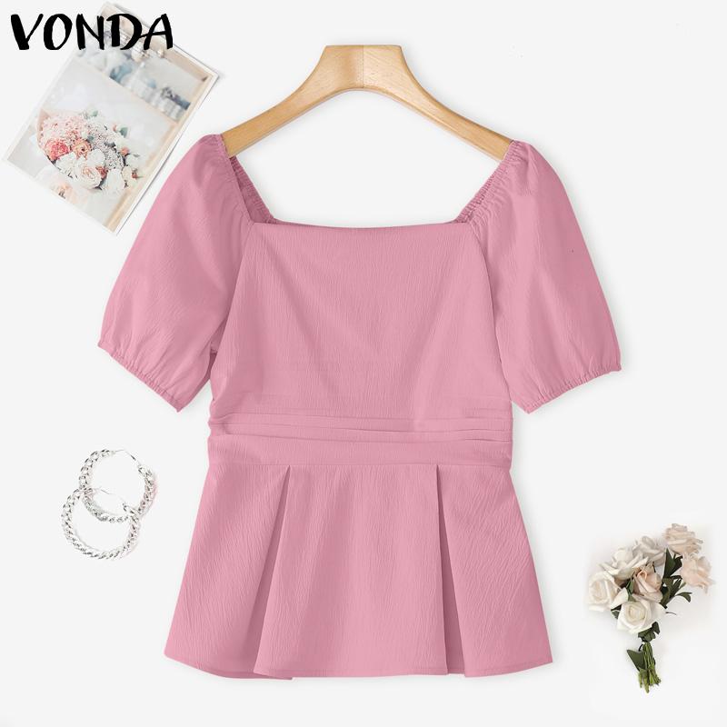 VONDA Women Square Collar Puff Sleeve Ruffled Casual Rumple Blouse