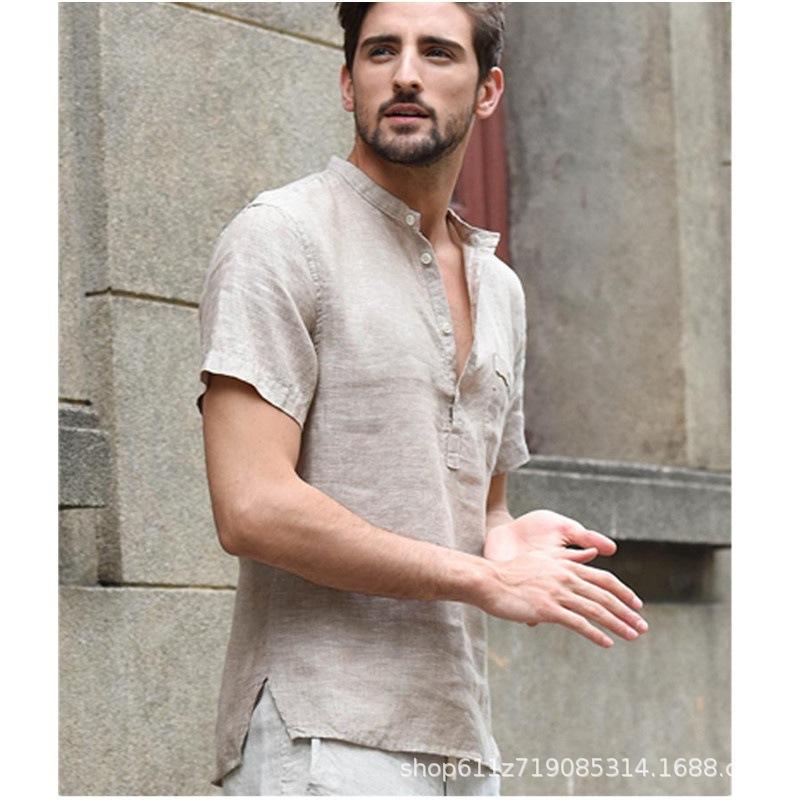 Men's Solid Color Stand-Up Collar Semi-Open Cloth Thin Short Sleeve Shirt Top Men's Clothing
