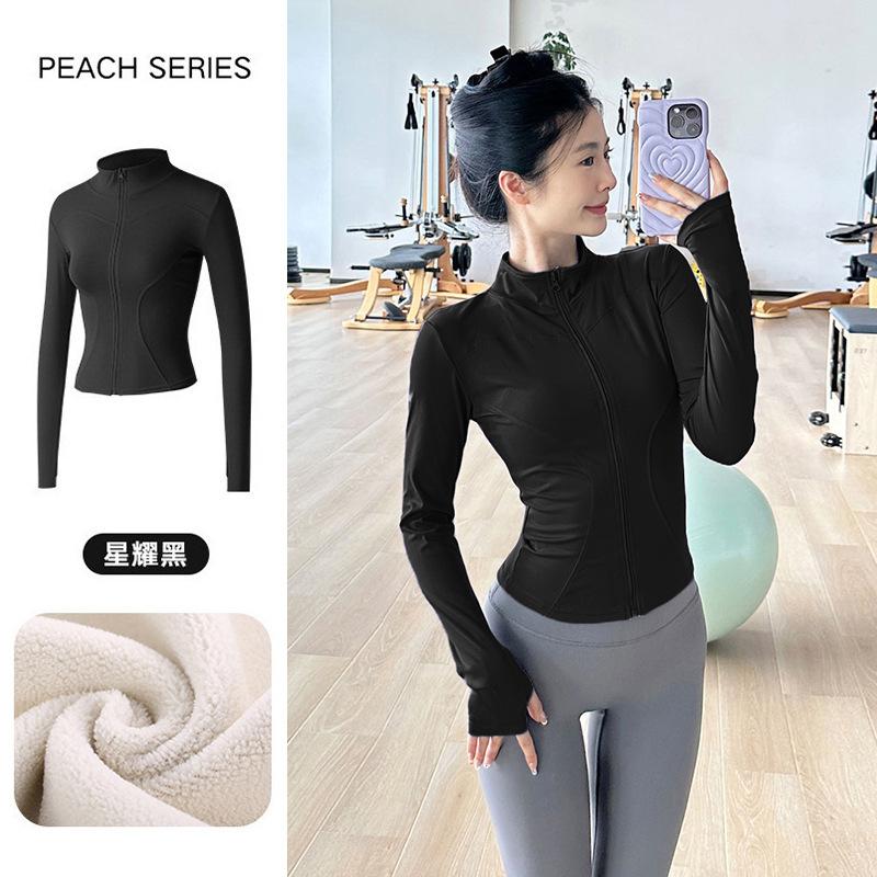 Spring fleece-lined thickened breathable zipper yoga shirt for women, long-sleeve slim-fitting running fitness jacket S