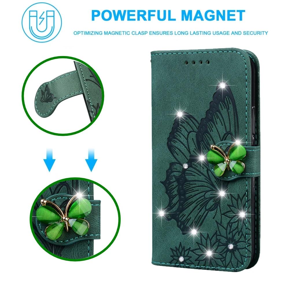Custodia Portafoglio a Libro con Glitter per iPhone 16 Pro Max 15 Plus 11 14 13 12 XR XS X SE 2020 Copertina a Libro con Farfalla Bling Porta Carte