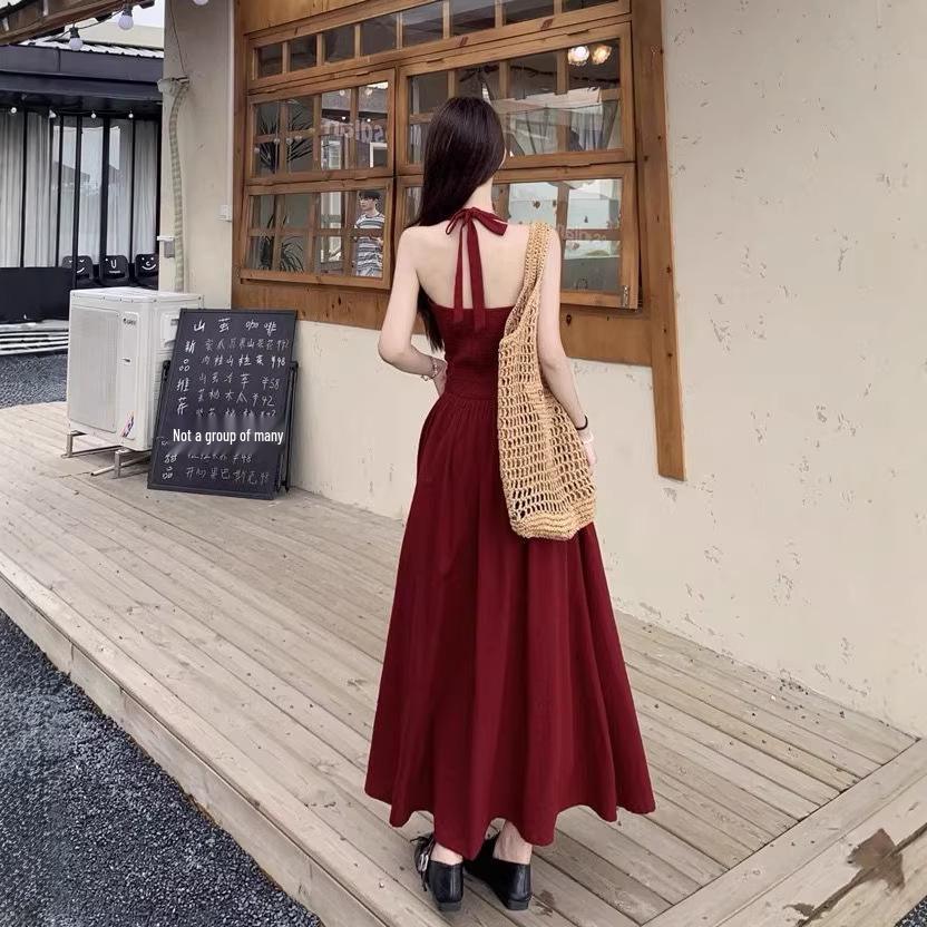 Korean Chic Backless Summer Dress - Solid Color, Unique Style, Long Girly Design
