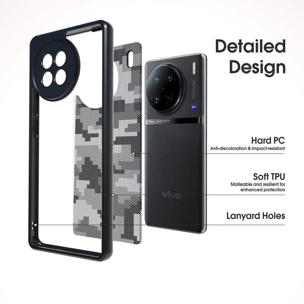 (Comes with wrist strap)IBMRS Compatible with vivo X90 Pro Case, Shockproof Bumper Transparent Phone Cover for Women, Men - Clear- Camo Black