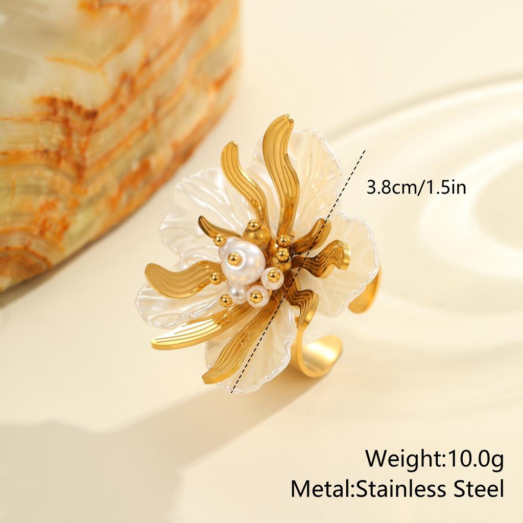 Fashion Stainless Steel Waterproof Colorful Flower Pearl Ring for Women Wedding Party Jewelry