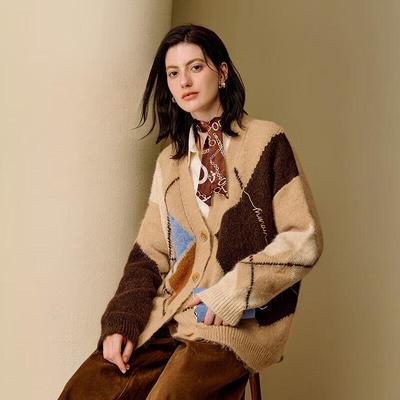 INMAN Women's Retro Argyle V-Neck Knit Cardigan