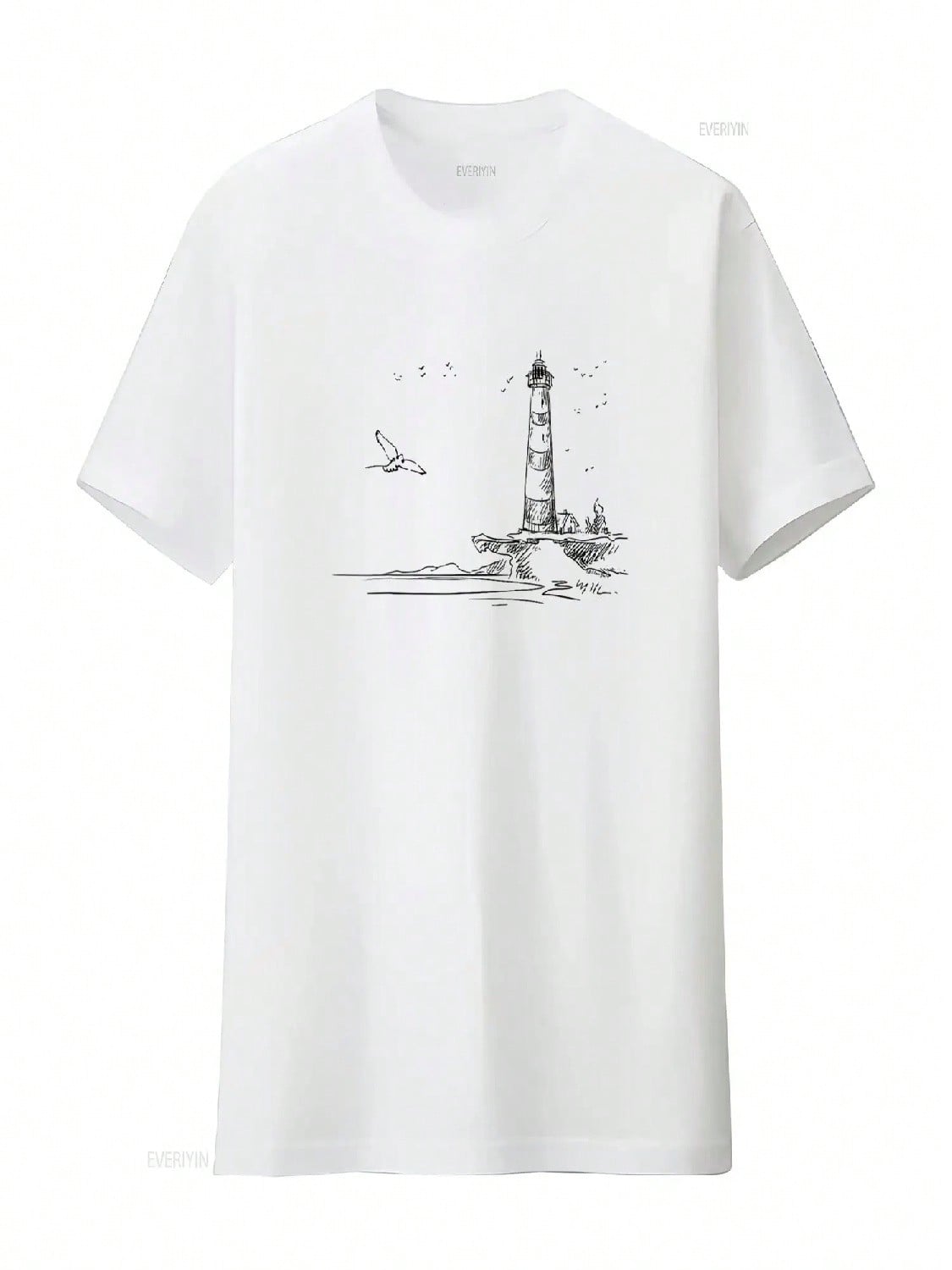 Wounisexs Seaside Lighthouse Nautical Sketch Art T Shirt Vintage Washed Casual Slightly Streetwear Fashion Versatile Breathable S