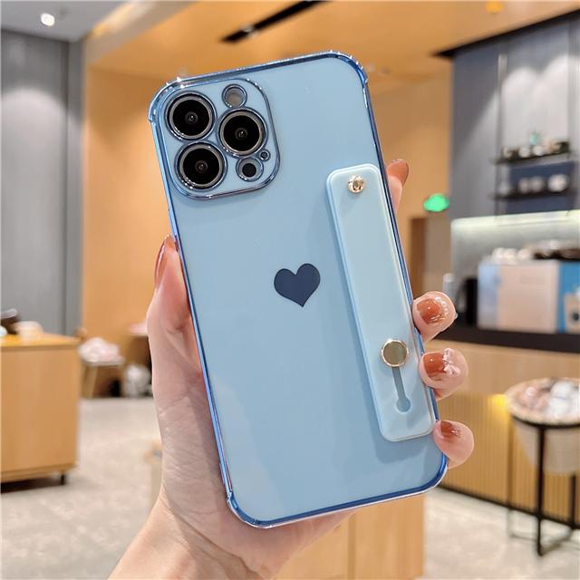 Korean Cute Electroplate Love Heart Wrist Strap Case For iPhone 14 13 Mini 12 11 Pro Max X XS XR 7 8 Plus Shokcproof Stand Cover