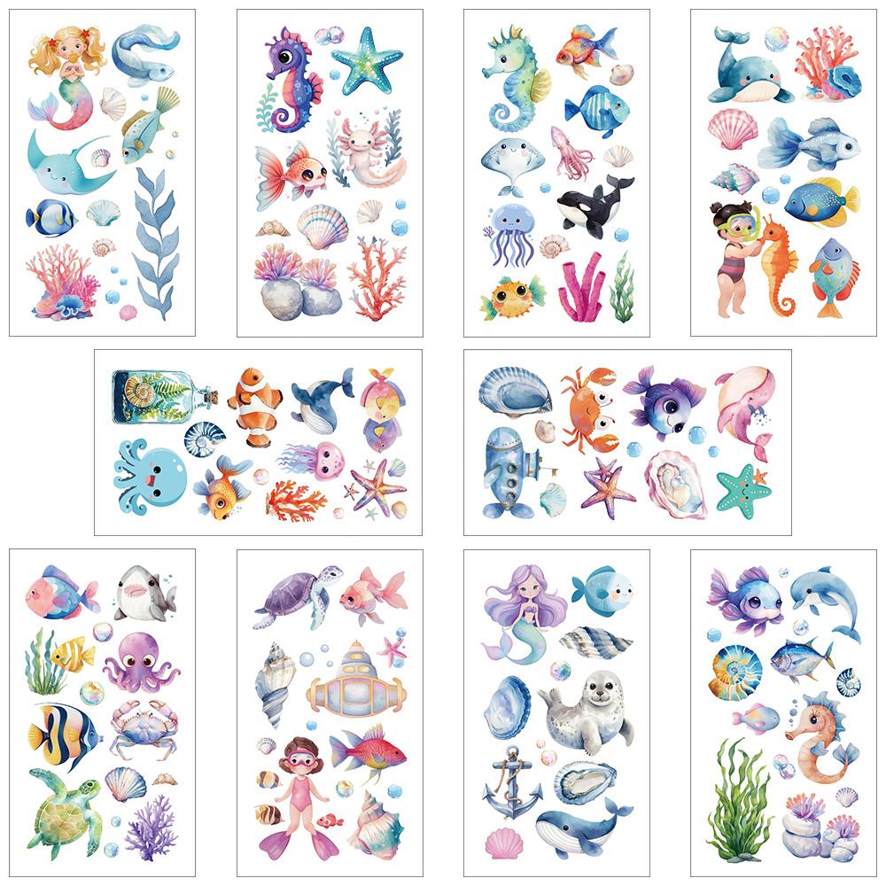 

10 листов красочных подводных рыб, акул, тату-наклеек для лица, рук, тела, временные поддельные водонепроницаемые татуировки-наклейки