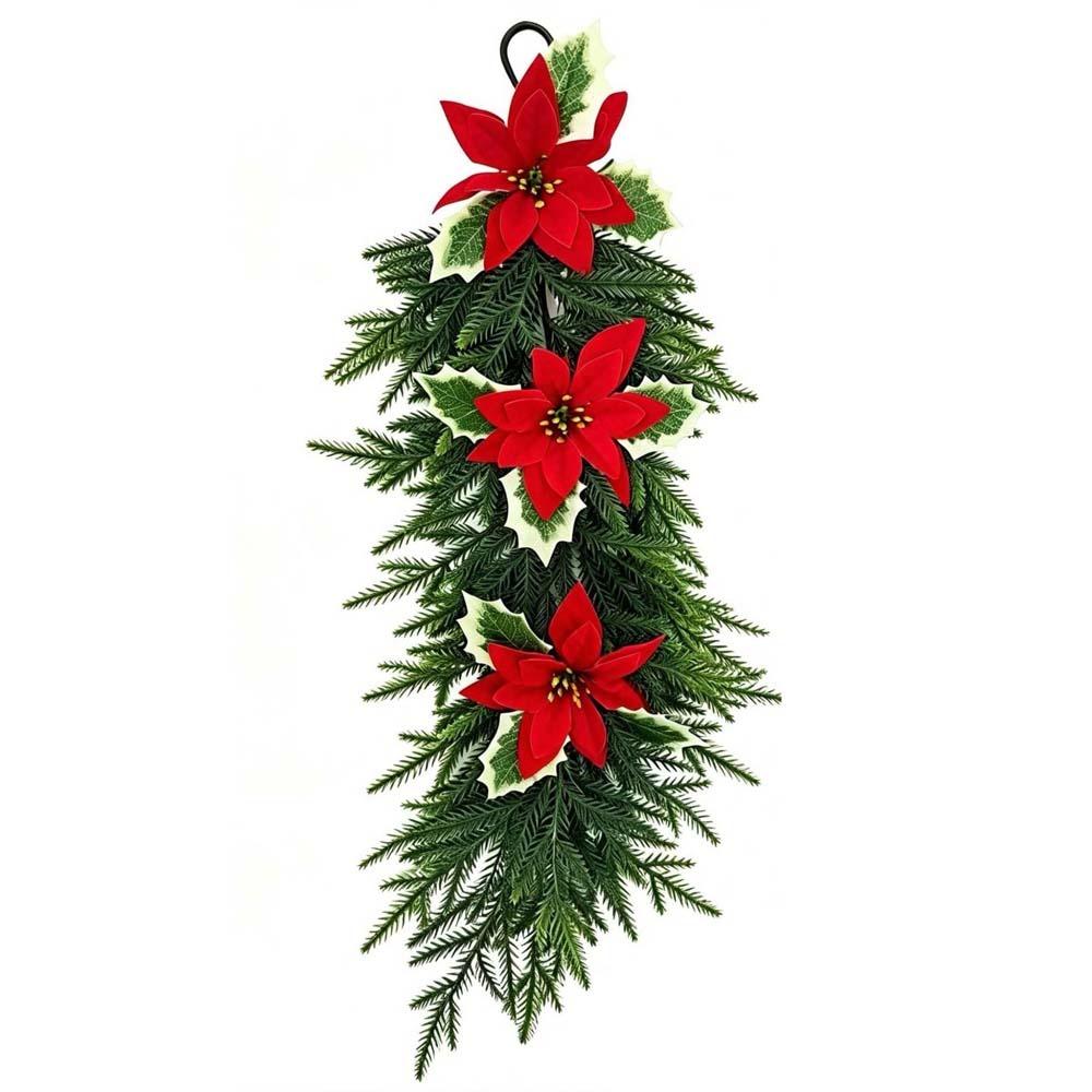 Red Berries Christmas Door Swag Poinsettia Blossoms Teardrop Shape Holiday Hanging Ornaments Durable Quality Vibrant Colors
