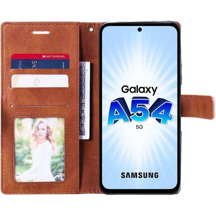 Hülle für Samsung Galaxy A54 5G + 2 Panzergläser, Schutz Lederoptik Braun Klappbar