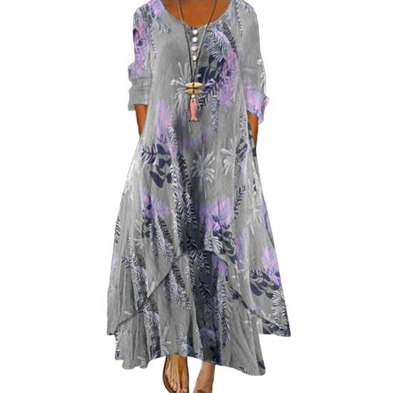 Spring Fall Dress with Pockets Vintage Flower Printing V Neck Irregular Layerd Hem Loose A-line Maxi Dress for Daily Work Party