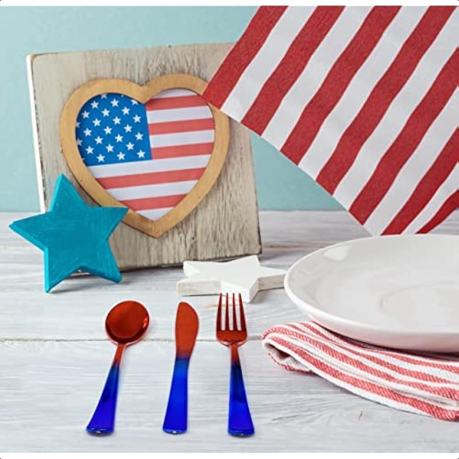 

144 штуки оптом Четвертое июля Красные и синие пластиковые столовые приборы 48 ложек 48 вилок 48 ножей Патриотические радужные столовые приборы П United States