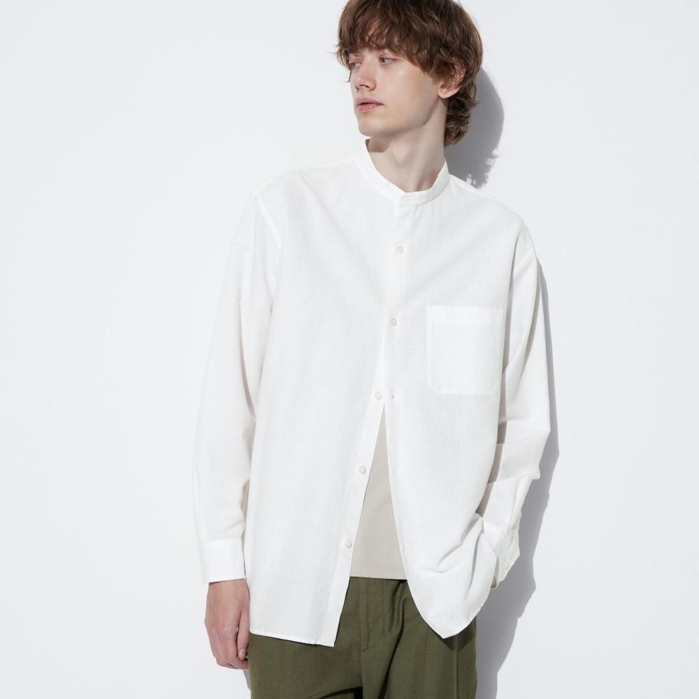 

Рубашка UNIQLO из хлопка и льна с воротником-стойкой и длинными рукавами