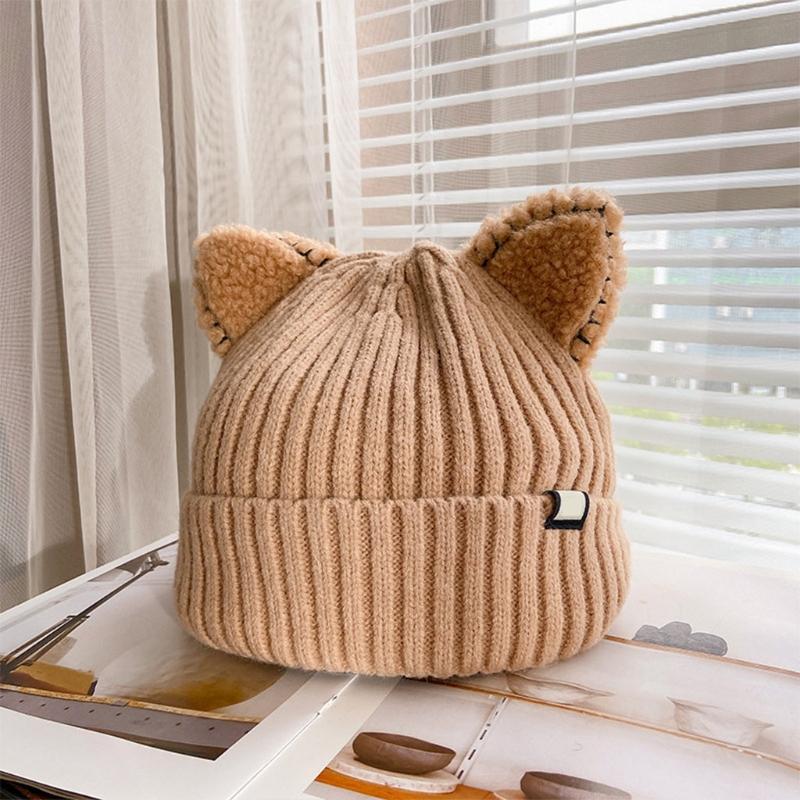 Kawaii for Cat Ears Hat Cute Solid Color Warm Wool Knit Hat Autumn Winter Beanie