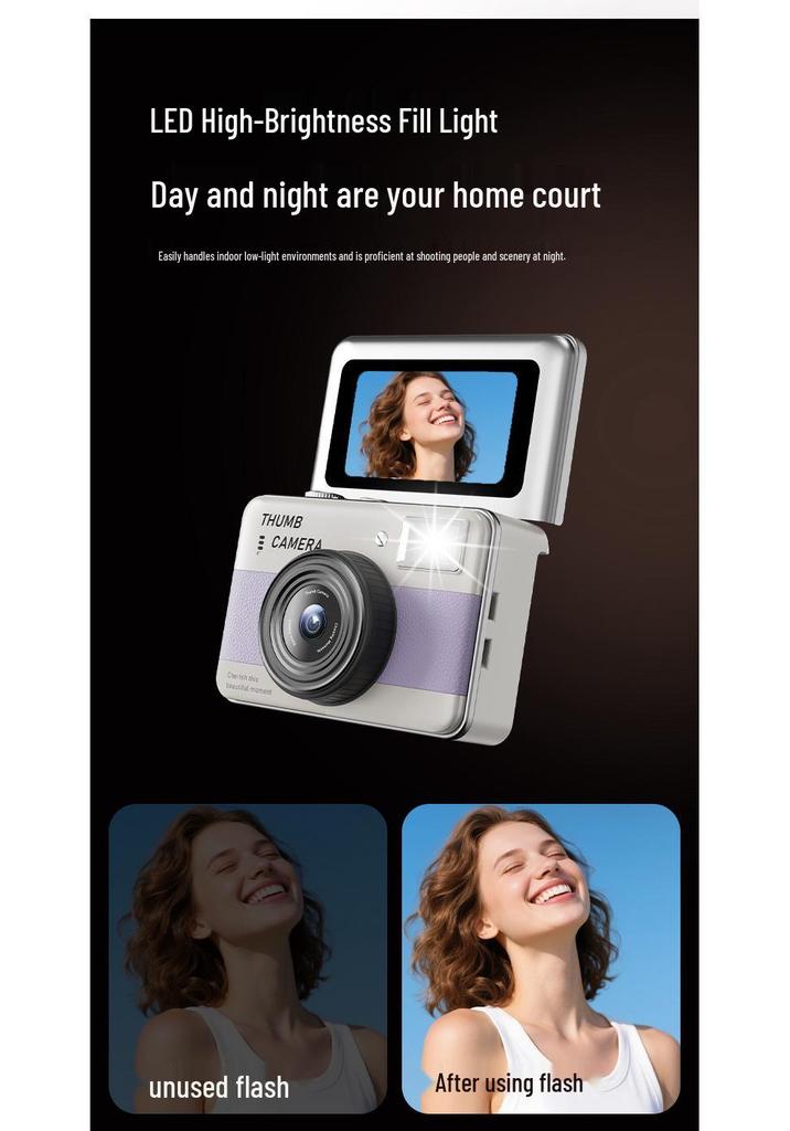 Retro Flip Screen Mini Camera for Students - Portable HD Photo & Video Recorder with Lanyard