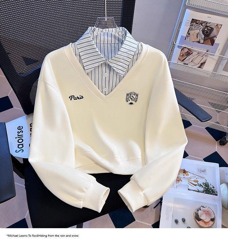 Plus Size Two-Piece Patchwork Polo Neck Sweatshirt - Women's Loose Slimming College Style for Spring & Autumn