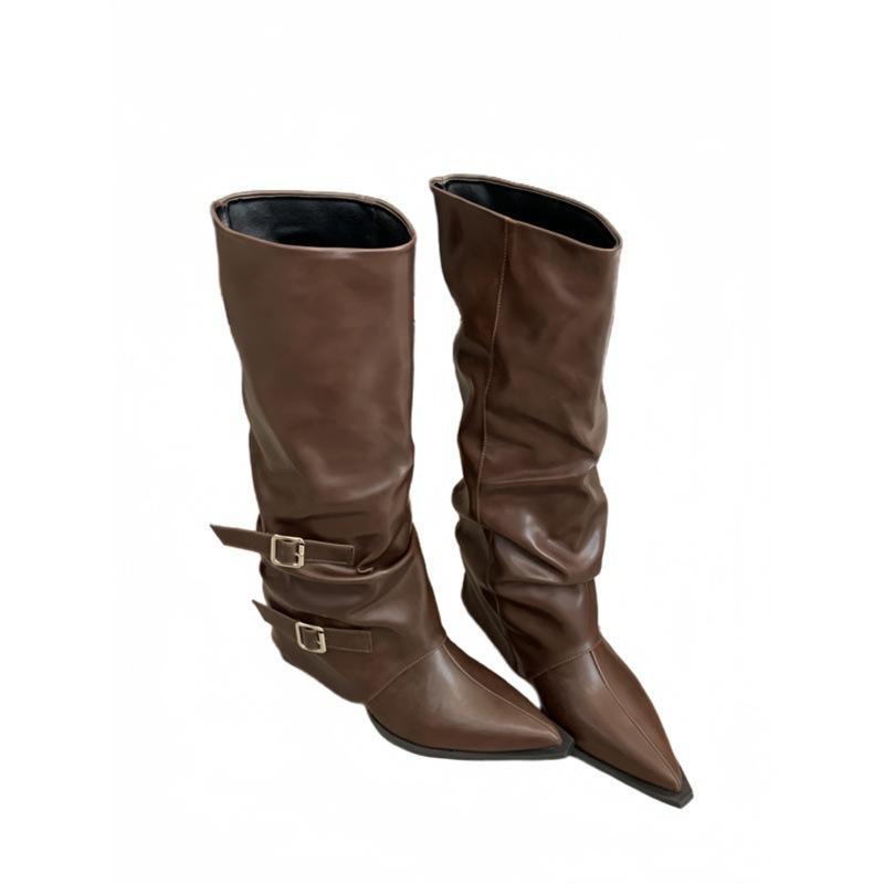 Cowhide Pointed Pants Boots Women's Pleated Pile Boots Thick Heel Punk Knight Boots Fried Street Spice Girls High Heel Boots