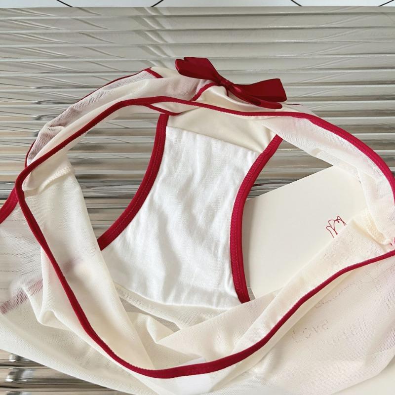Female Sexy Red Underwear with Low Waist Briefs Hollow Thin Design Pure Cotton Crotch Women's Triangle Panties