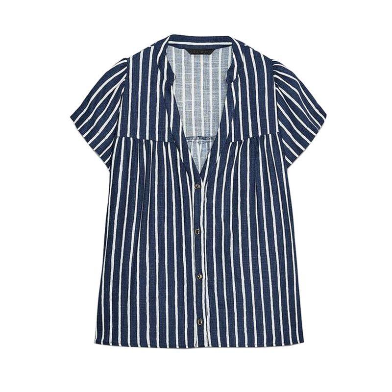 Linen Blend Stripes V Neck Short Sleeve Shirt 8084669 Simple and Comfortable Stripes Casual Pants 8100669