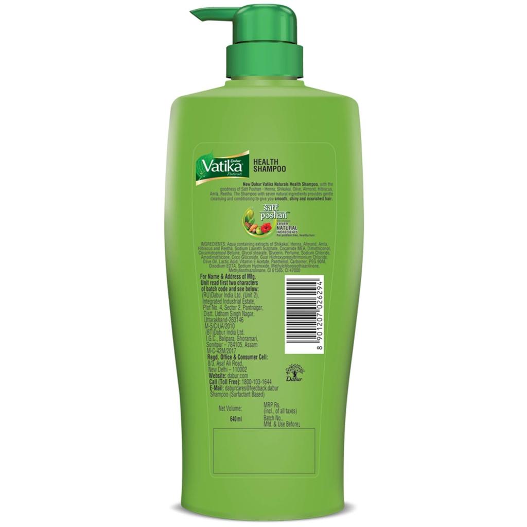 Dabur Vatika Health Shampoo 640ml | With Henna Amla Olive & Hibiscus | Smooth Shiny Nourished Hair | Controls Frizz & Repairs Damage