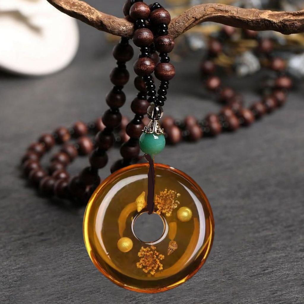 Resin Teardrop Pendant Long Sweater Necklace with Beaded Strand Handcrafted Imitation Amber Jewelry for Women Men