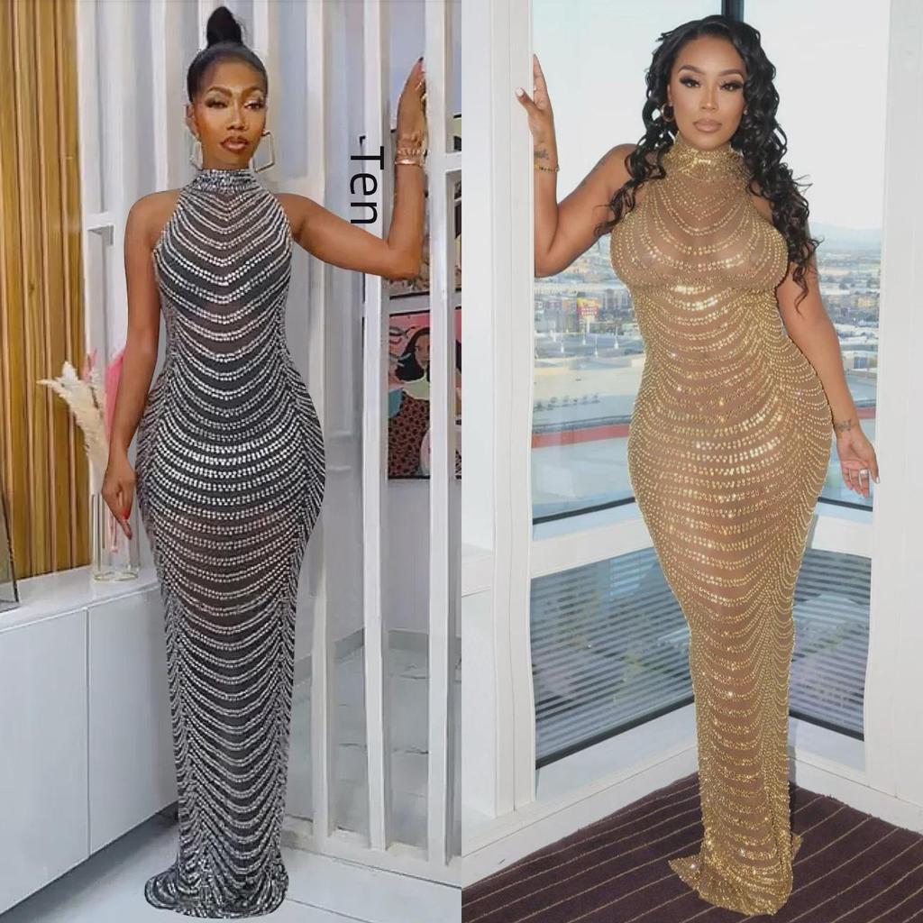 OS6777 Vestido Sexy de Rede Feminino com Strass - Estilo Europeu e Americano