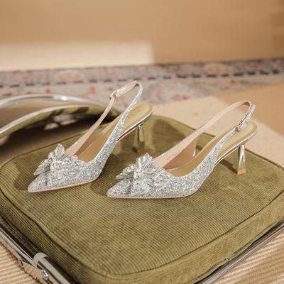 7521-6 [peau de mouton] chaussures de mariage à talons hauts pour femmes talons fins 2025 nouvelles sandales pointues chaussures à nœud en strass