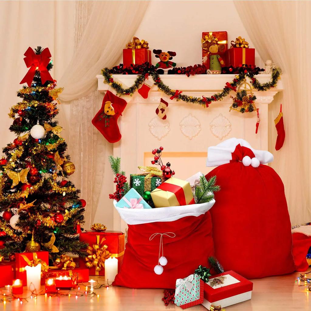 Large Santa Gift Bags For Elderly Christmas Drawstring Candy Bags Red Flannel Presents Packaging Sack Party Decoration Supplies