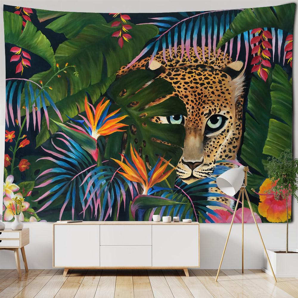 Tropical plant and animal tapestry, leopard wall hanging, Bohemian hippie Tapiz, bedroom, living room, home decoration