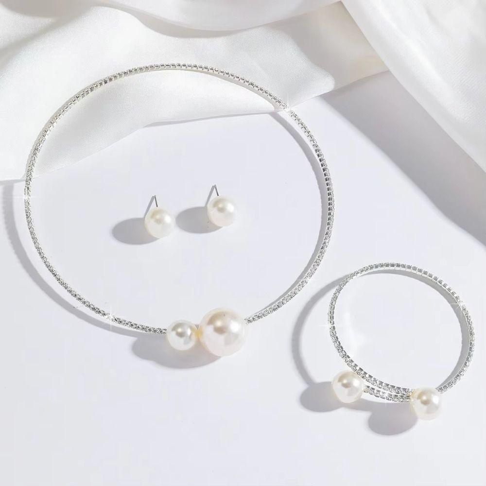 Adjustable Imitation Pearl Choker Necklace Silver/Gold Rhinestones Necklace Bracelet Wedding