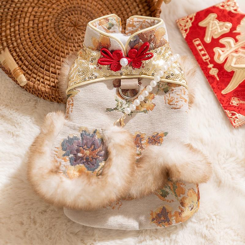 Pet Cat Dog Winter Warm Chinese Style Dress With Button Knot Design Festive New Outfit Small Pets