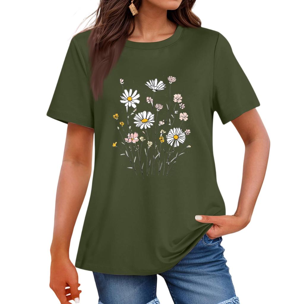 Women's Fashion Casual Printed Round Neck Short Sleeved T-Shirt Top T-Shirt Top Top