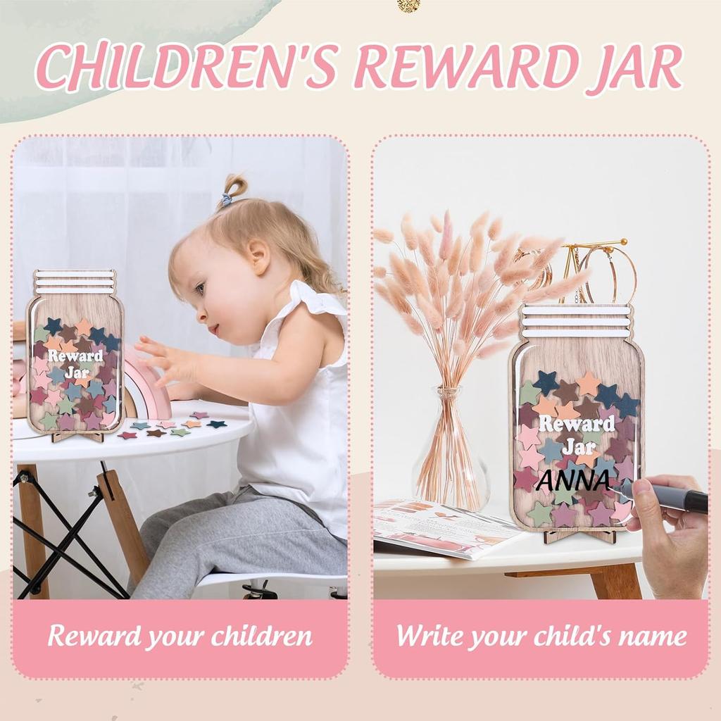 Wooden Reward Jar for Kids Boho Stars Cutouts Positive Incentive Behavior Chart with Base Management Tools Decoration Reward System for Student
