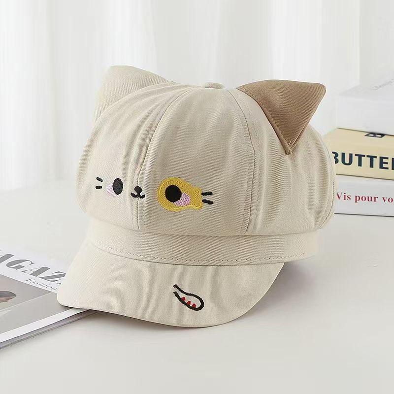 Cute Cartoon Cat Ears Embroidered Octagonal Hat Female Spring and Autumn Sweet Casual Versatile Photo Shade Beret