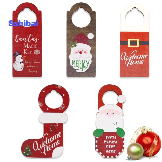 Christmas Wooden Doorknob Decoration Santa Claus Snowman Stocking Holiday Decor Door Handle Hanger Pendant Party Supplies