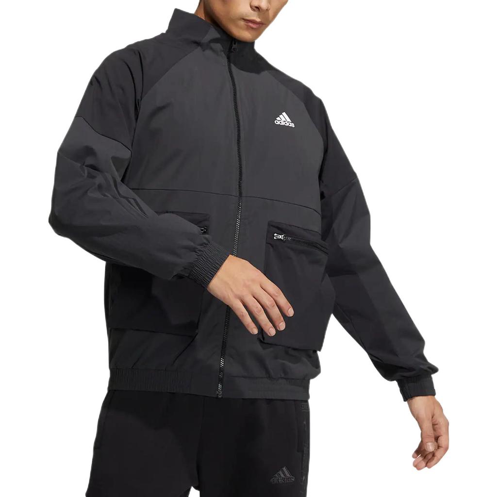 Adidas Solid Color Logo Print Sports Stand Collar Jacket Men Outerwear Black HN9009