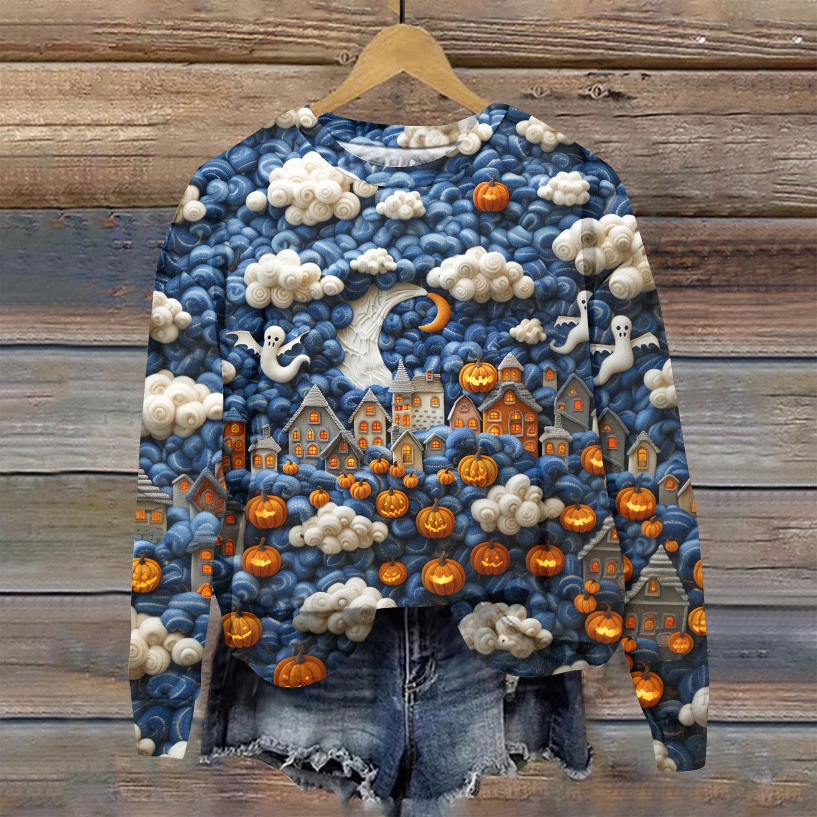 

Женский осенне-зимний топ с круглым вырезом и длинными рукавами, милый свитер-пуловер с принтом 3D на тему Хэллоуина XXXL синий