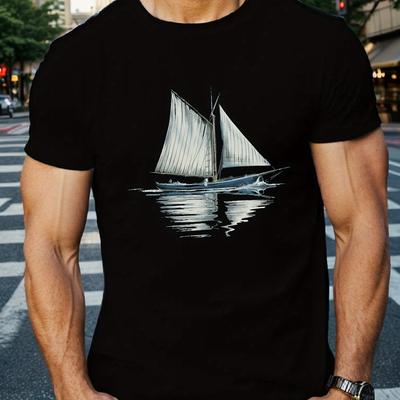 Men'S Vintage Sailboat Print T-Shirt, Casual Crew Neck Slight Stretch Regular Fit Summer Top for Adults Men Clothing