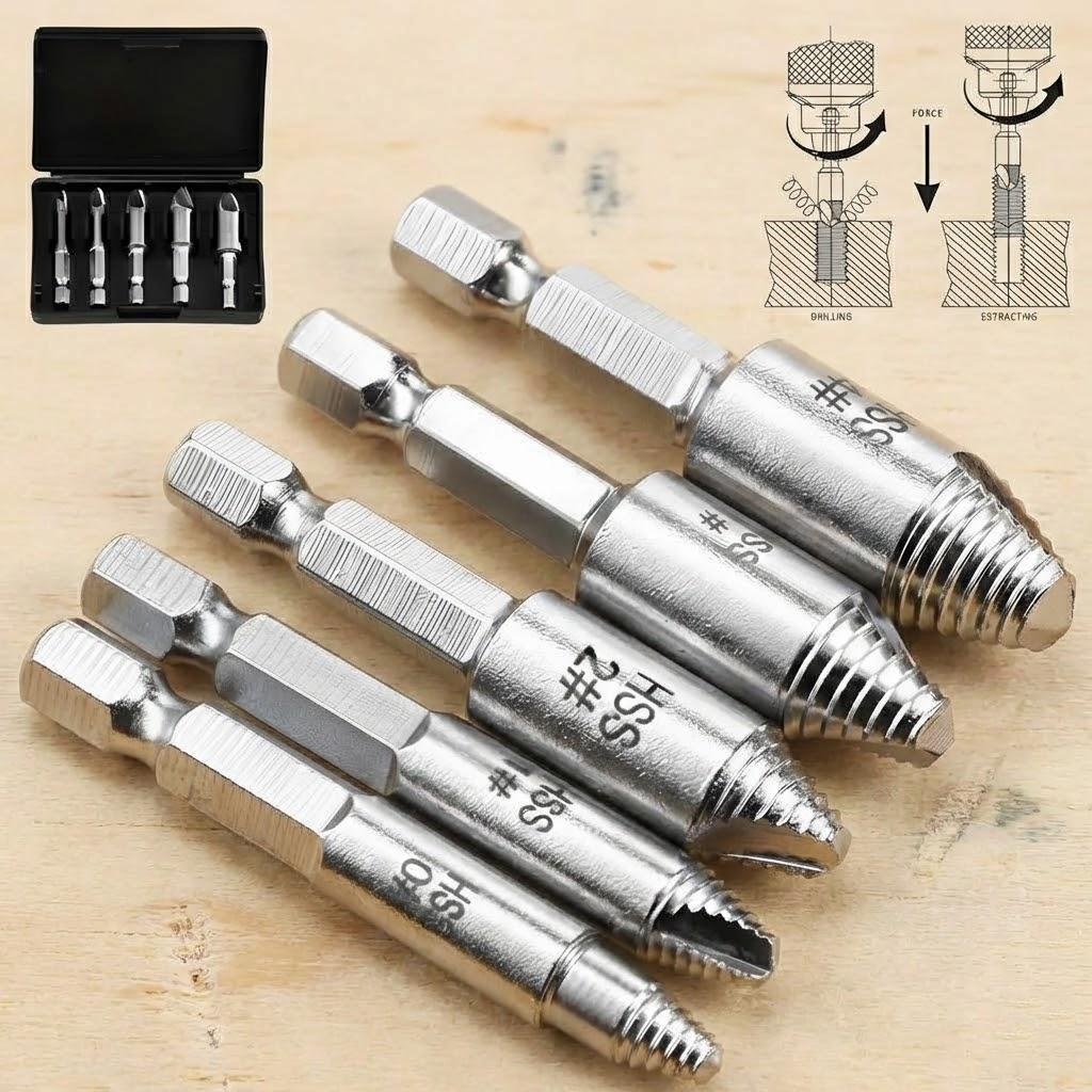 

5 Piece Screw Extractor Set High-Speed Steel Hex Shank for Removing Damaged Screws and Bolts Tool Kit срібний