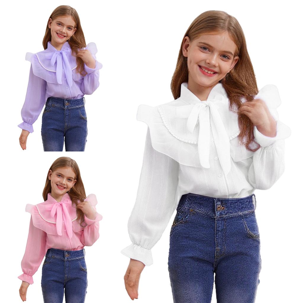 Mädchen Elegante Knopfbluse Schnürkragen Künstliche Perlen Tüllrüschen Langarmhemd