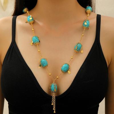 Retro Ethnic Style Long Floral Tassel Oval Imitation Turquoise Necklace Pendant Sweater Chain